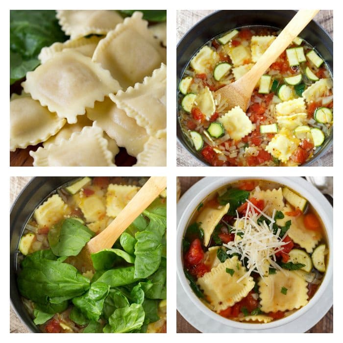 Ravioli Soup- A quick, one pot dinner idea the whole family will love. Healthy fresh vegetable soup gets kicked up a notch with the addition of fresh ravioli. A hearty filling meal that won’t break the bank. | SimpleHealthyKitchen.com