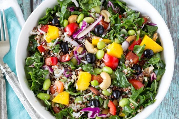 superfoods power salad with creamy cashew dressing- Simplehealthykitchen.com # quinoa # mango # blueberries
