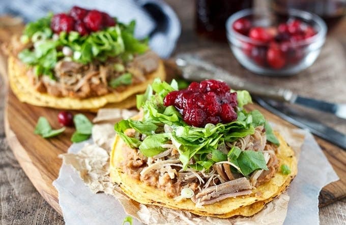 Wondering what to do with that leftover Thanksgiving/Christmas turkey and cranberry? Spice it up with some chipotle and pile it high on a tostada with some refried beans and crisp lettuce, top it all off with a dollop of cranberry sauce and you’ve got a quick and easy Mexican meal #leftovers #Thanksgiving 