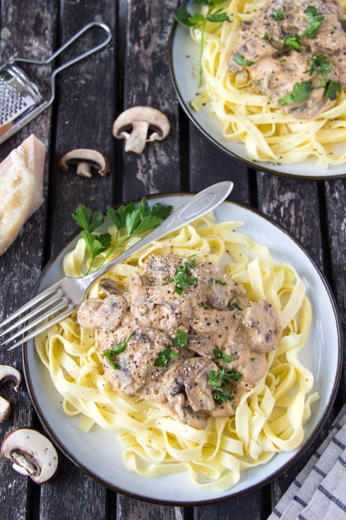 A quick and easy lightened up (and vegetarian) version of classic Stroganoff. All the creamy mushroom goodness of traditional Stroganoff but lightened up a bit. Only a little over 300 calories a serving. 