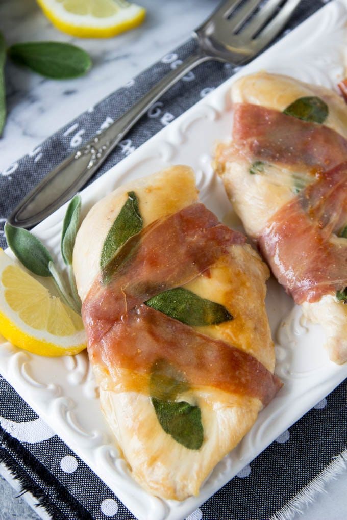 Super Easy! only 15 min from start to finish ( and it has a 5 star rating) lemon chicken saltimbocca - prosciutto and sage wrapped chicken breasts with a lemon glaze| simplehealthykitchen.com # easy chicken recipe
