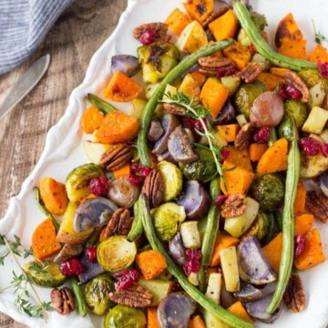 oven roasted vegetables on a white serving platter