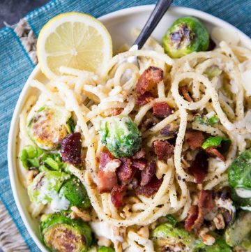 Creamy Lemon Parmesan Pasta with Pan Roasted Brussels Sprouts