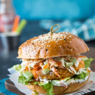 Buffalo Chickpea Veggie Burger {with Ranch Slaw}