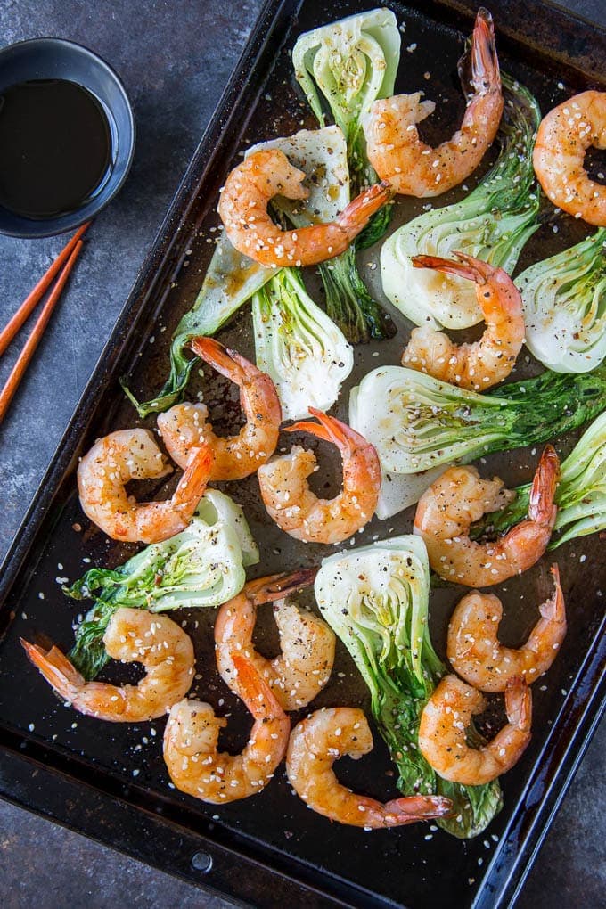Sheetpan Terriyaki Shrimp + Sesame Bok Choy featured