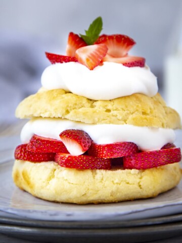strawberry shortcake with fresh strawberries and whipped cream on a grey plate